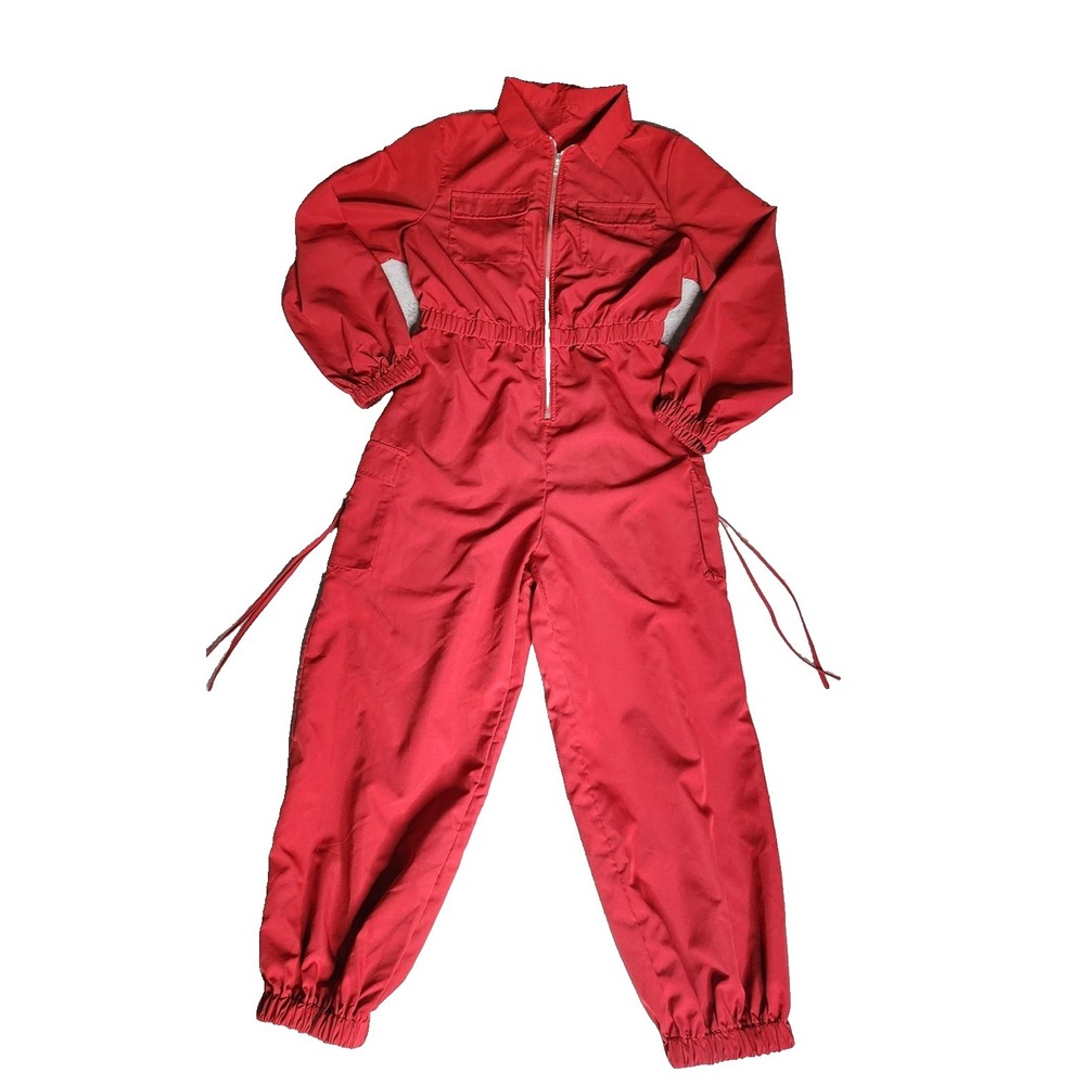 Red Womens Jumpsuit Pockets Elastic Cuff Jogger Hem Size L
